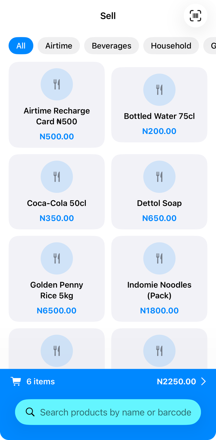 FluxPOS Sell screen with a barcode-scanned cart ready for checkout