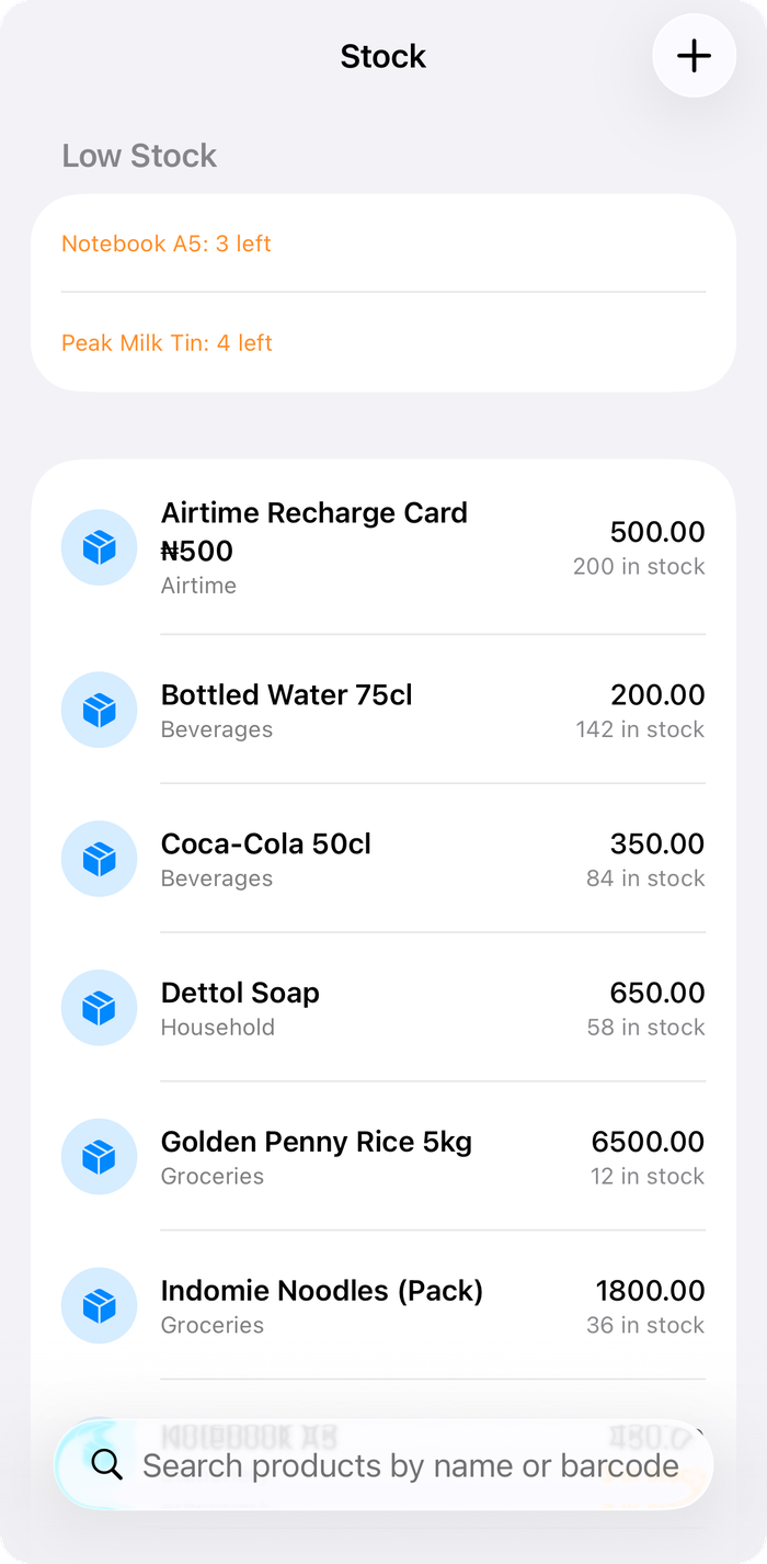 FluxPOS Stock screen listing products with prices and low-stock warnings